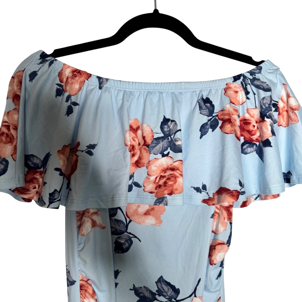 PinkBlush Maternity Dress Sz Small Blue Floral Off Shoulder Ruched - Picture 3 of 9